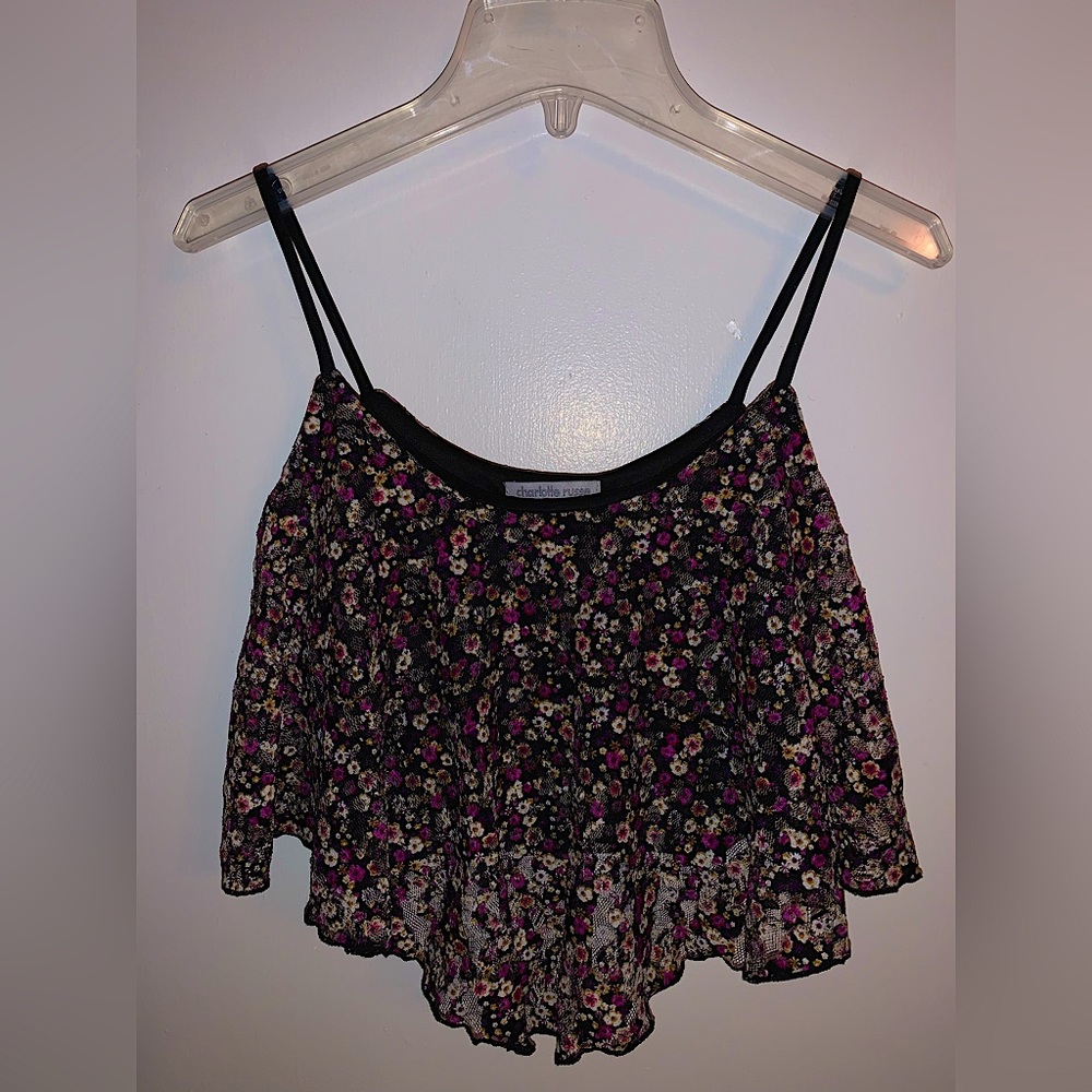 Charlotte Russe Women’s Black Floral Cropped Strap Tank Top with Undershirt XS